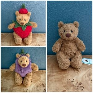 Jellycat TINY BARTHOLOMEW BEAR NWT + Strawberry + Eggplant Costumes